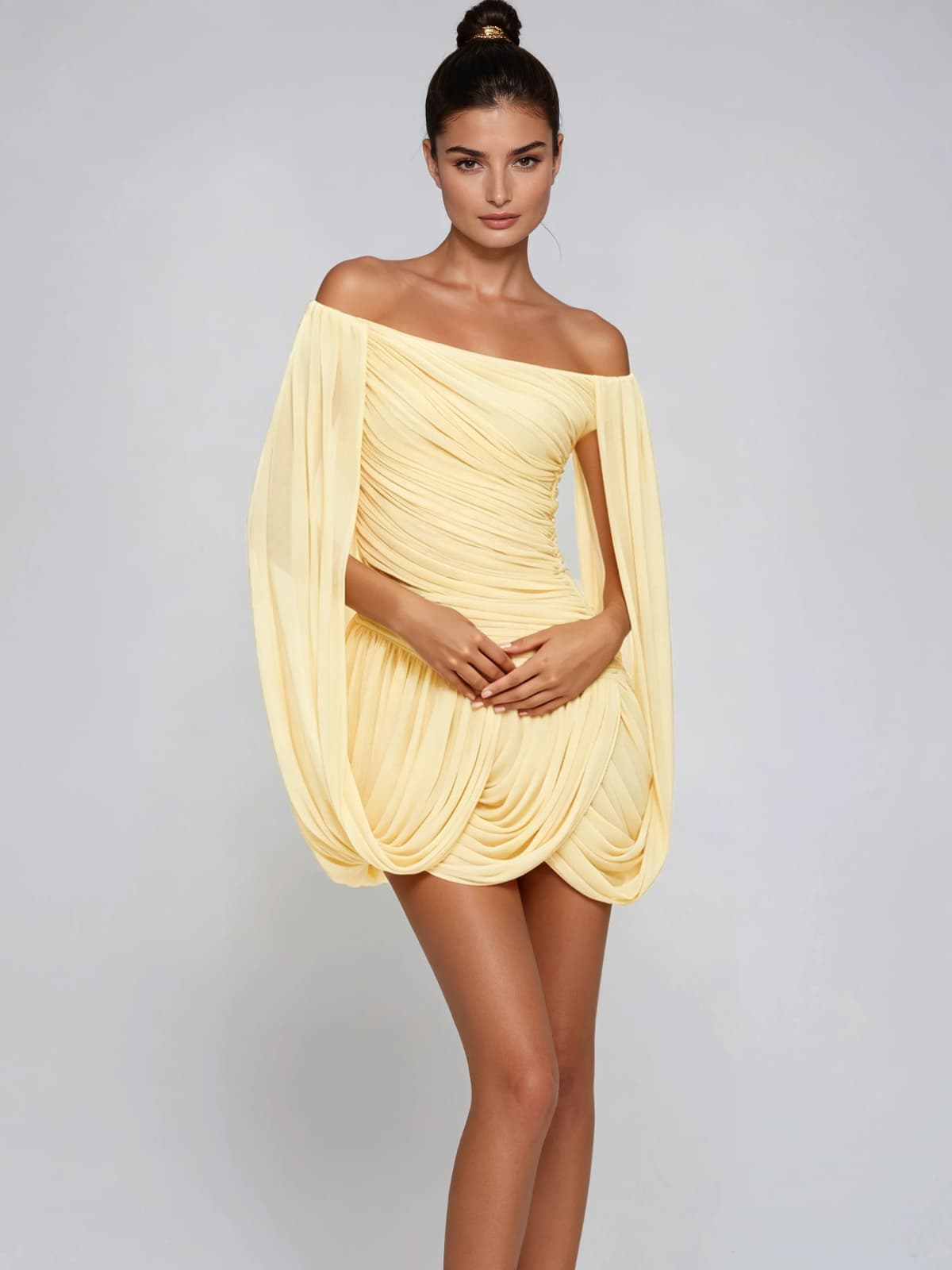 Zoryrin Off Shoulder Ruched Mini Dress In Yellow