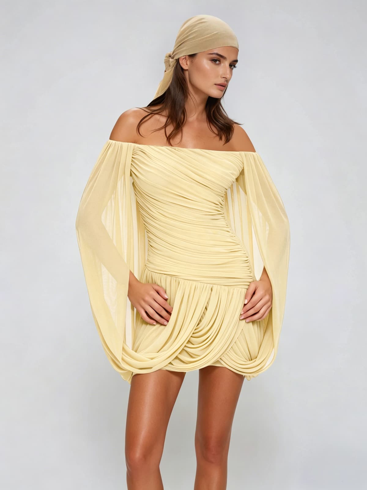 Zoryrin Off Shoulder Ruched Mini Dress In Yellow