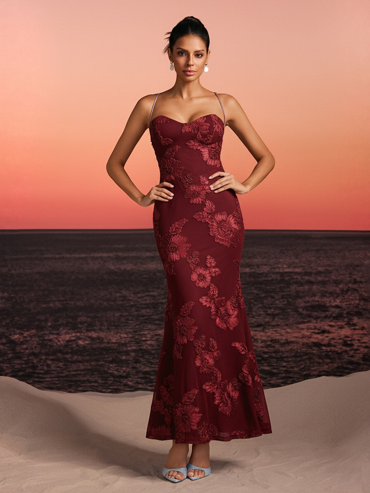 Zryne Spaghetti  Embroidered Flower Maxi Dress In Wine