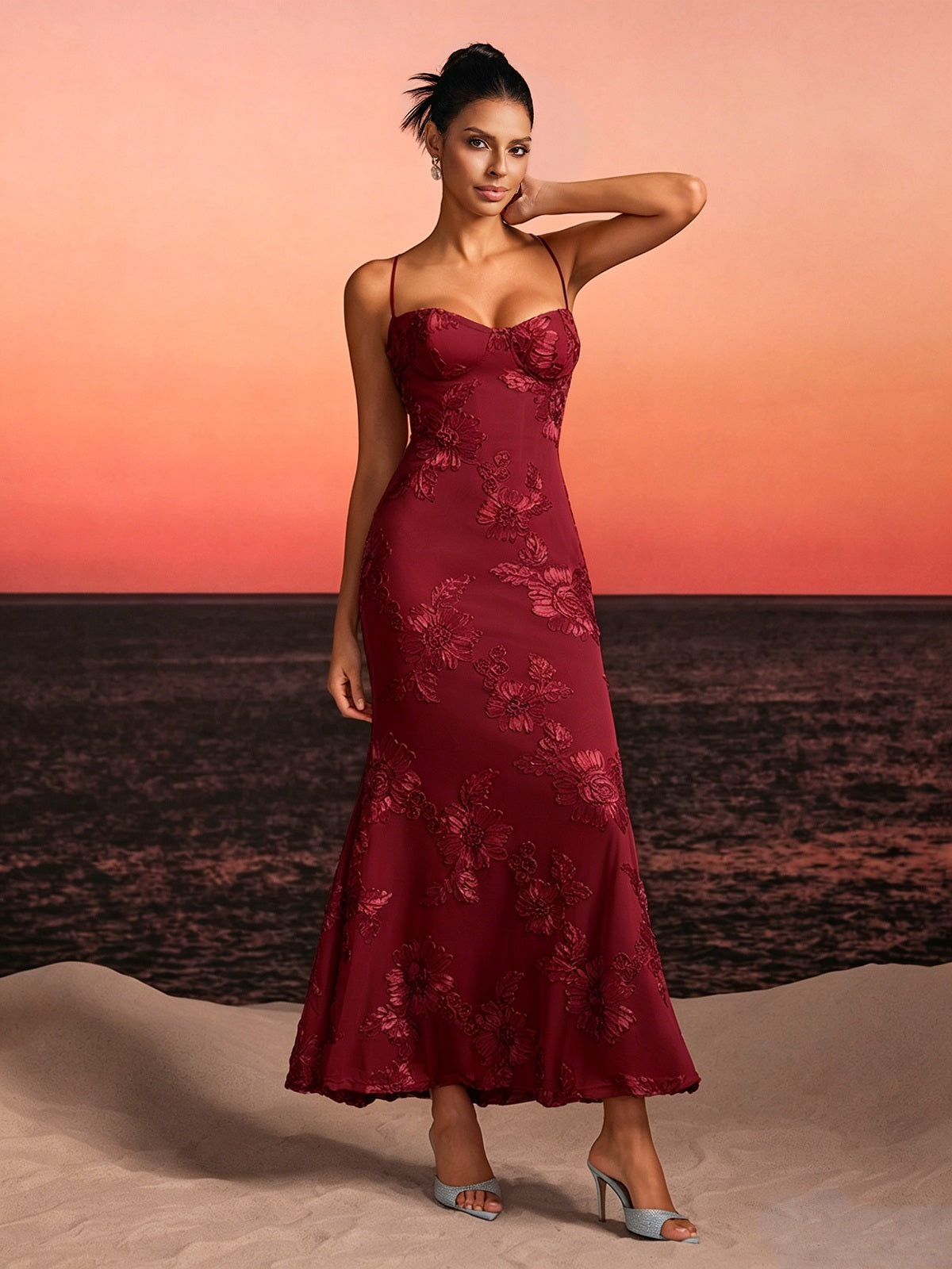Zryne Spaghetti  Embroidered Flower Maxi Dress In Wine