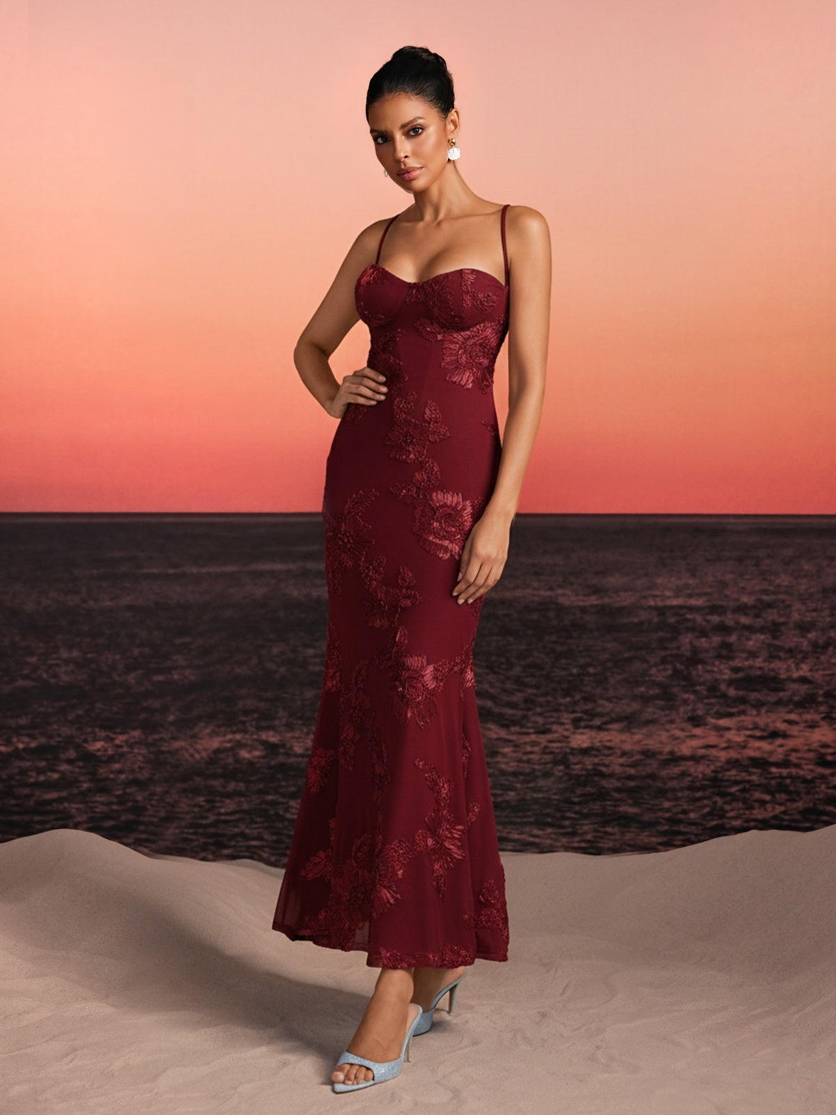 Zryne Spaghetti  Embroidered Flower Maxi Dress In Wine