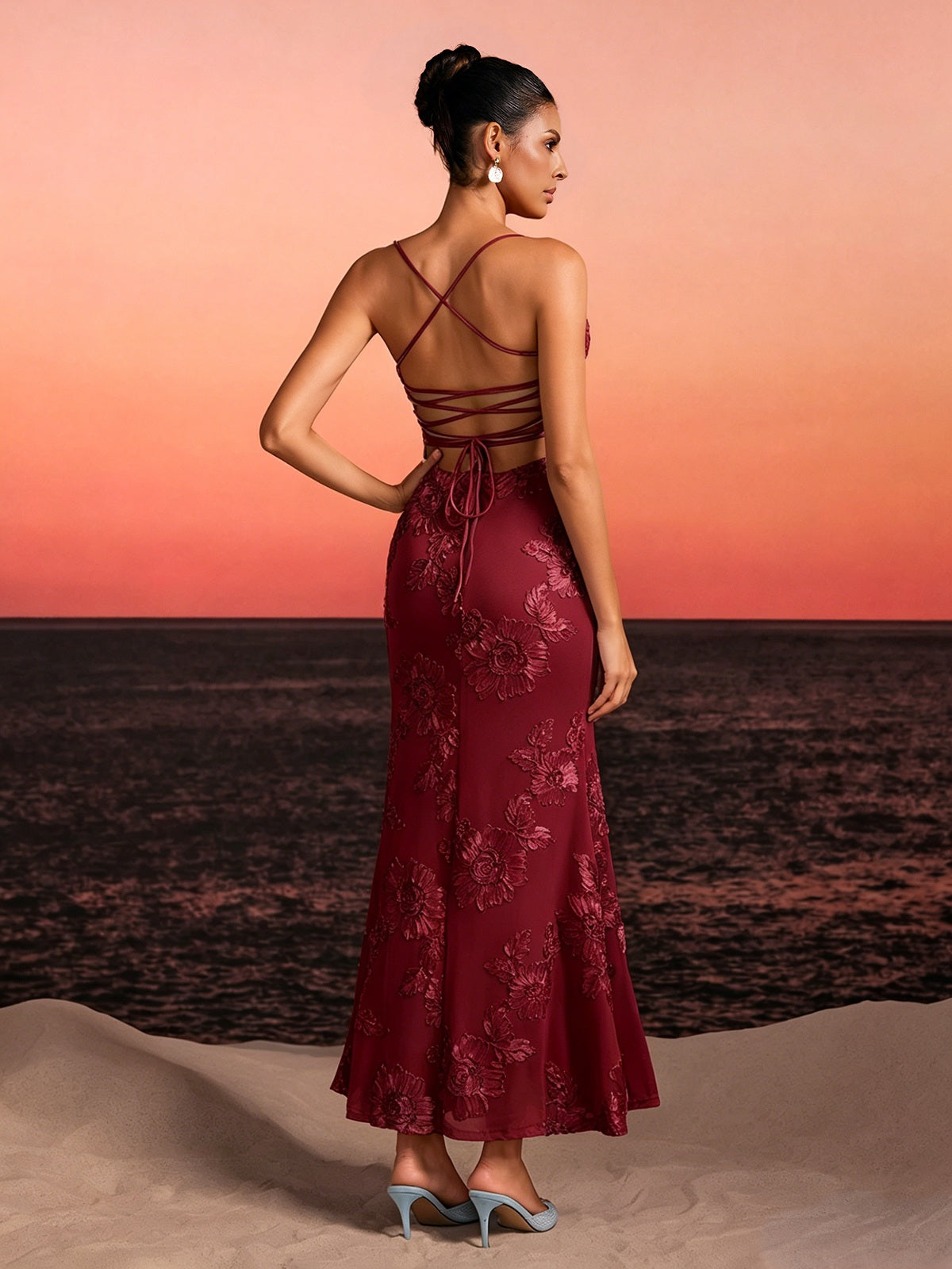 Zryne Spaghetti  Embroidered Flower Maxi Dress In Wine